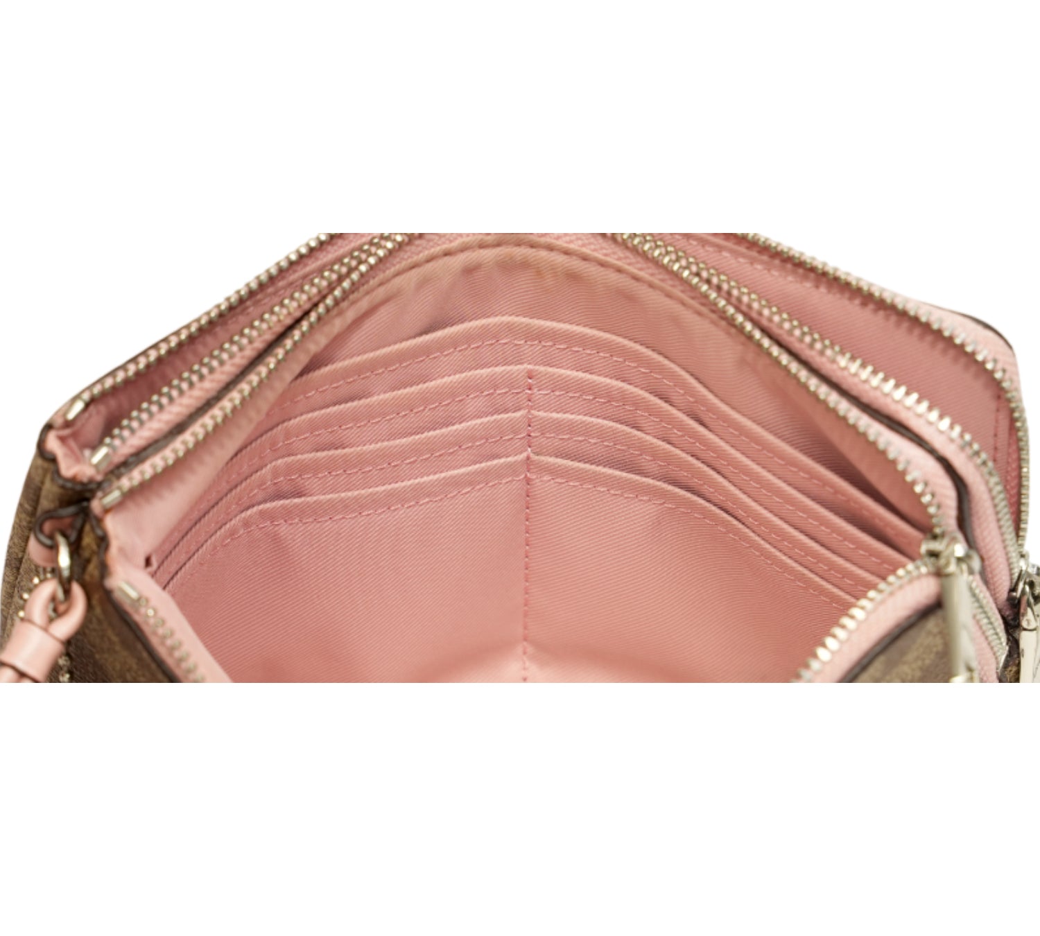 Khaki/Pink Signature Canvas Double Zip Wristlet