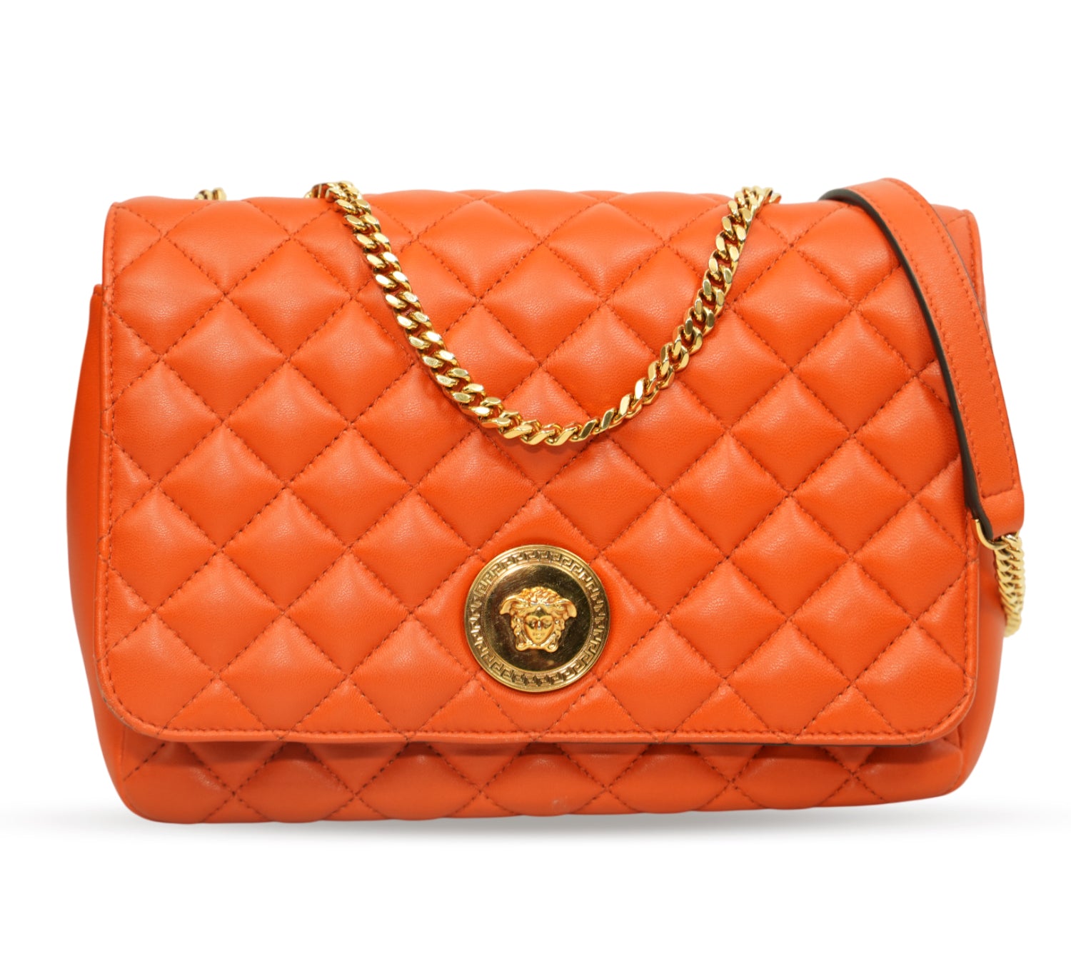 Geranium Orange Lambskin Quilted Medusa Shoulder Bag