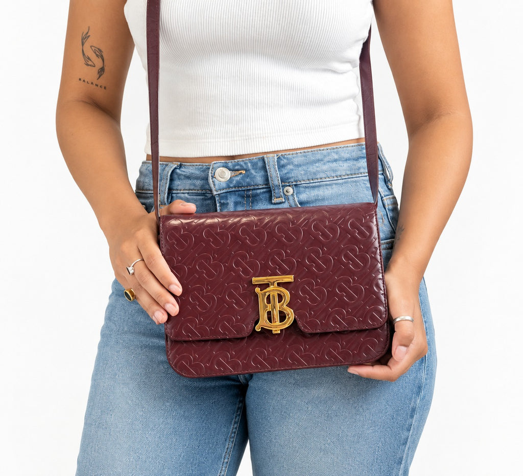 Deep Maroon Monogram Embossed Leather Small TB Bag
