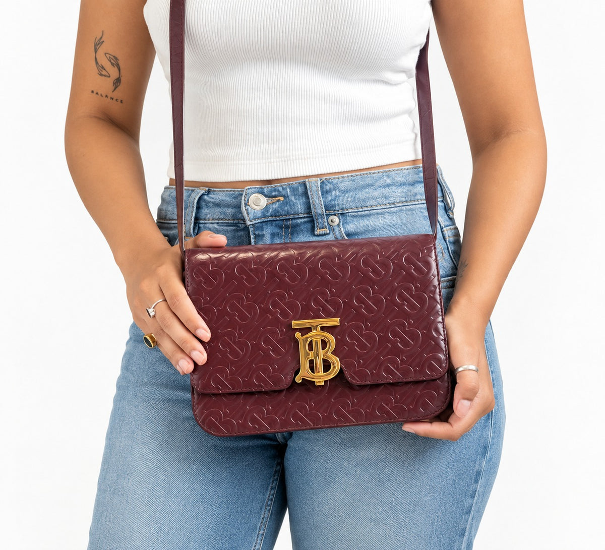 Burberry  Deep Maroon Monogram Embossed Leather Small TB Bag