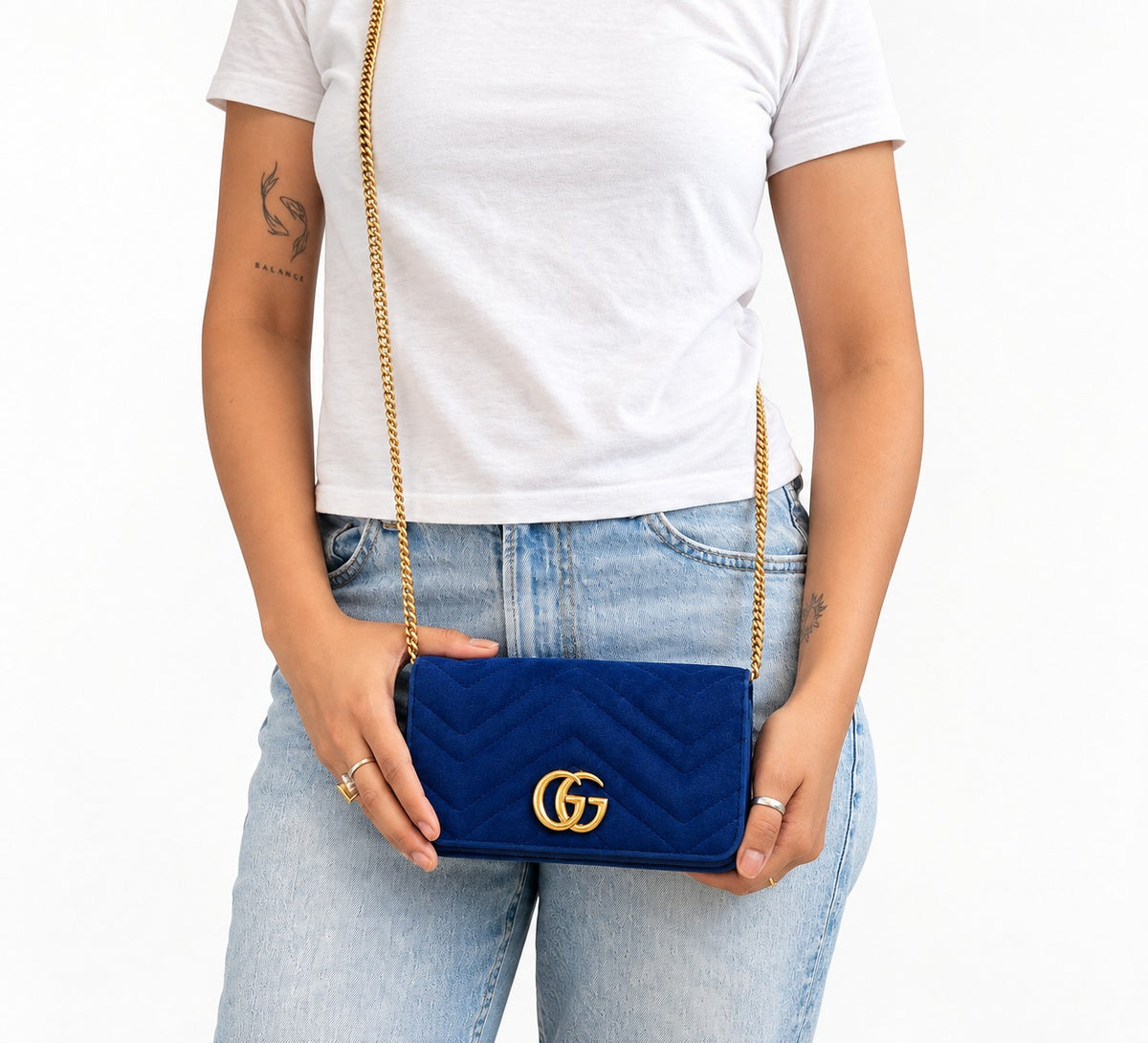 Gucci   GG Marmont Blue Matelasse Velvet Wallet On Chain