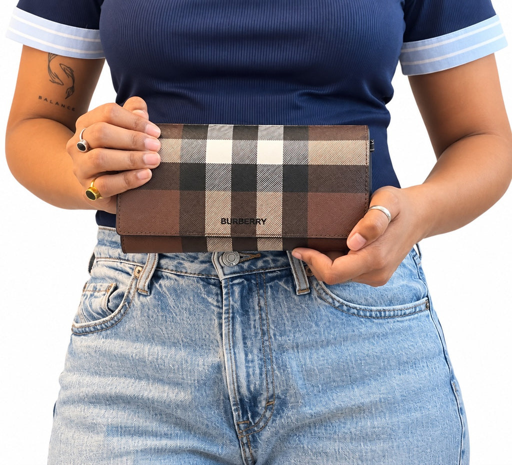 Dark Birch Brown Check Chain Strap Wallet