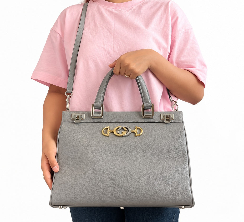 Grey Grainy Leather Zumi Medium Tote Bag