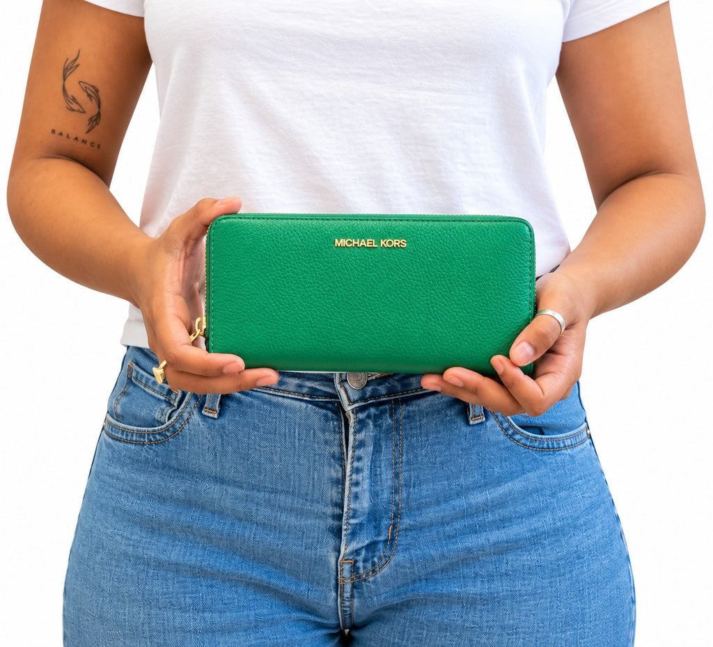 Palm Green Jet Set Travel Large Pebbled Leather Continental Wallet