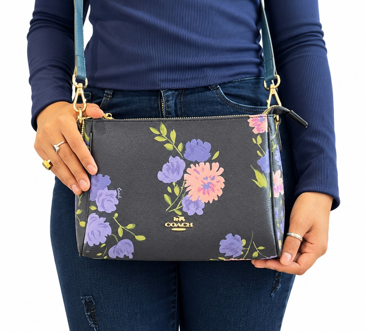 Coach Midnight Navy Floral Print Kitt Messenger Crossbody Bag