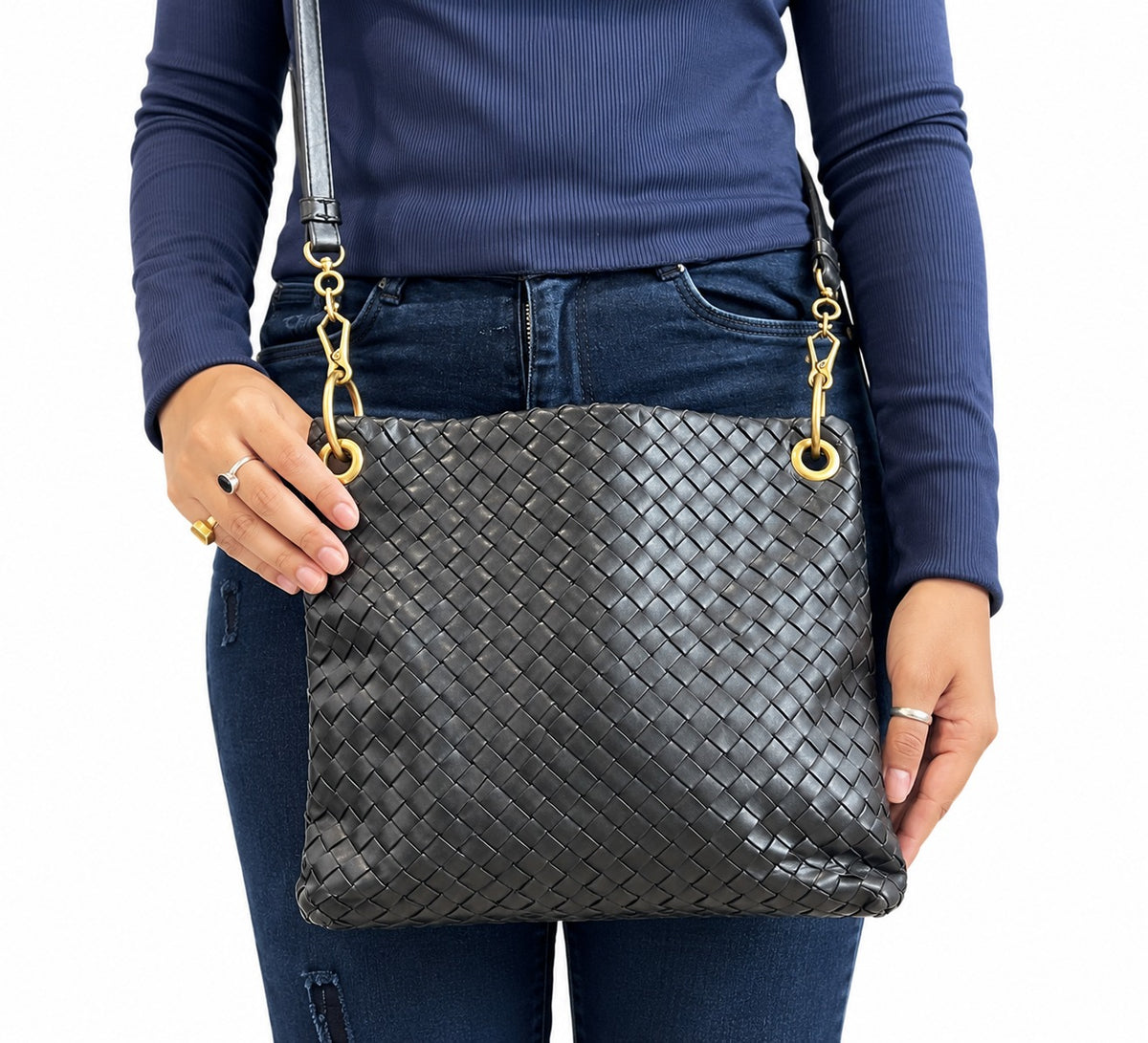 Bottega Veneta  Black Intrecciato Flat Messenger Bag