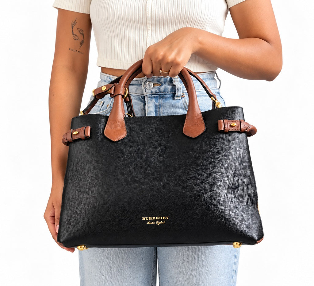 Black Grained Medium Banner Tote Bag