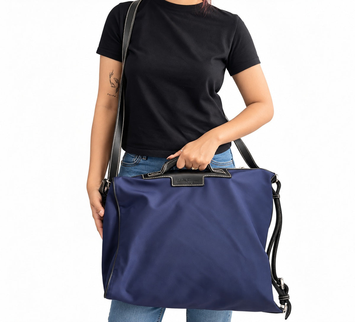Salvatore Ferragamo Navy Blue Mika Nylon Tote Bag