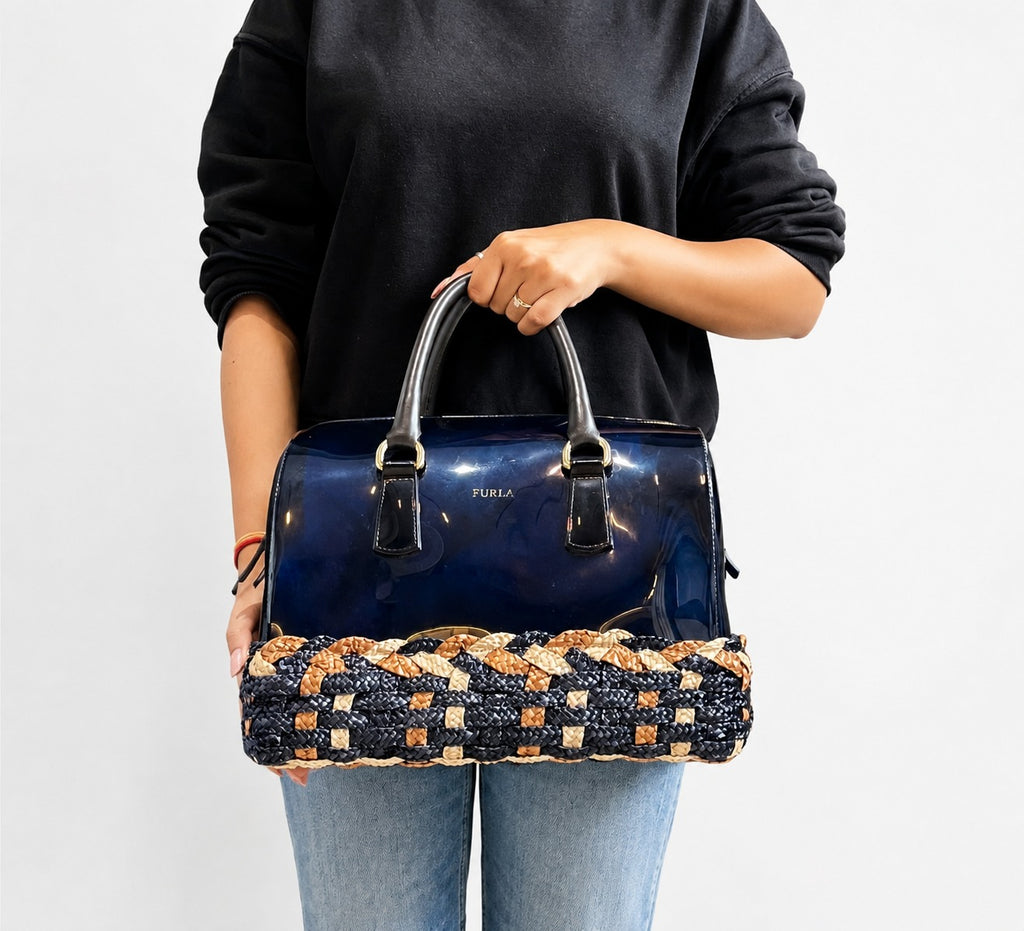 Candy Glossy Rubber & Woven Straw Satchel Bag