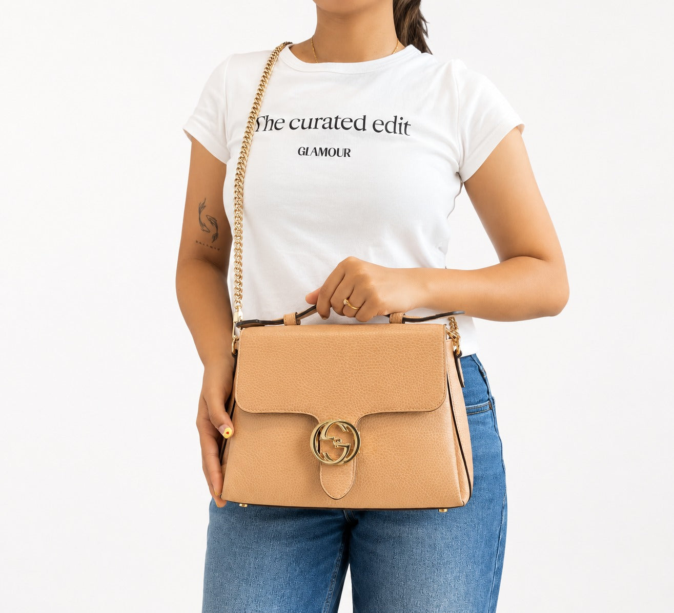 Camelia Beige Dollar Calfskin Interlocking G Top Handle Bag