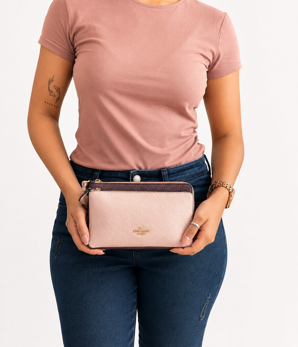 Beechwood/Plum Pebbled Leather Double Zip Wristlet