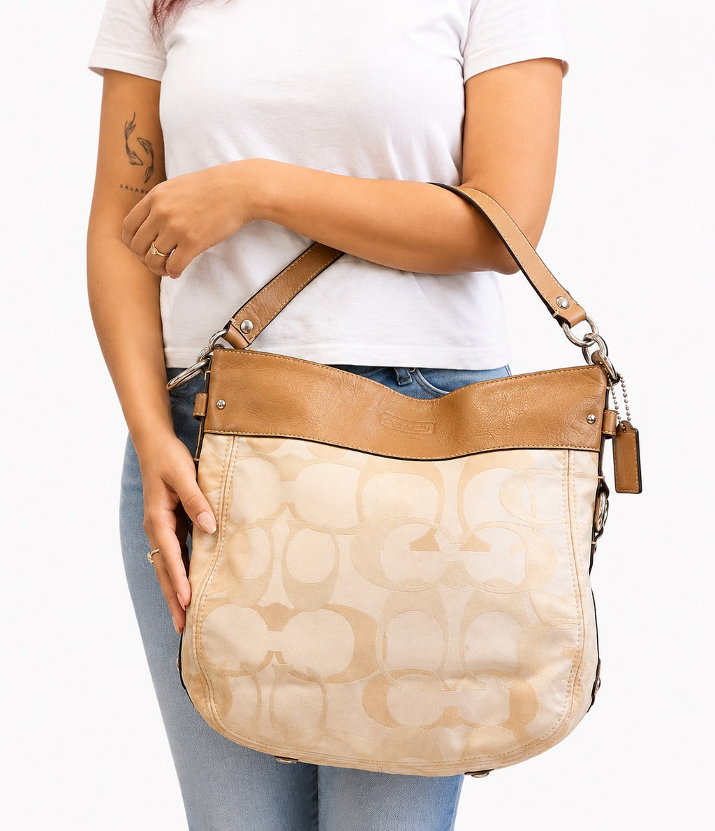 Brown/Beige Op Art Signature Fabric & Leather Zoe Hobo