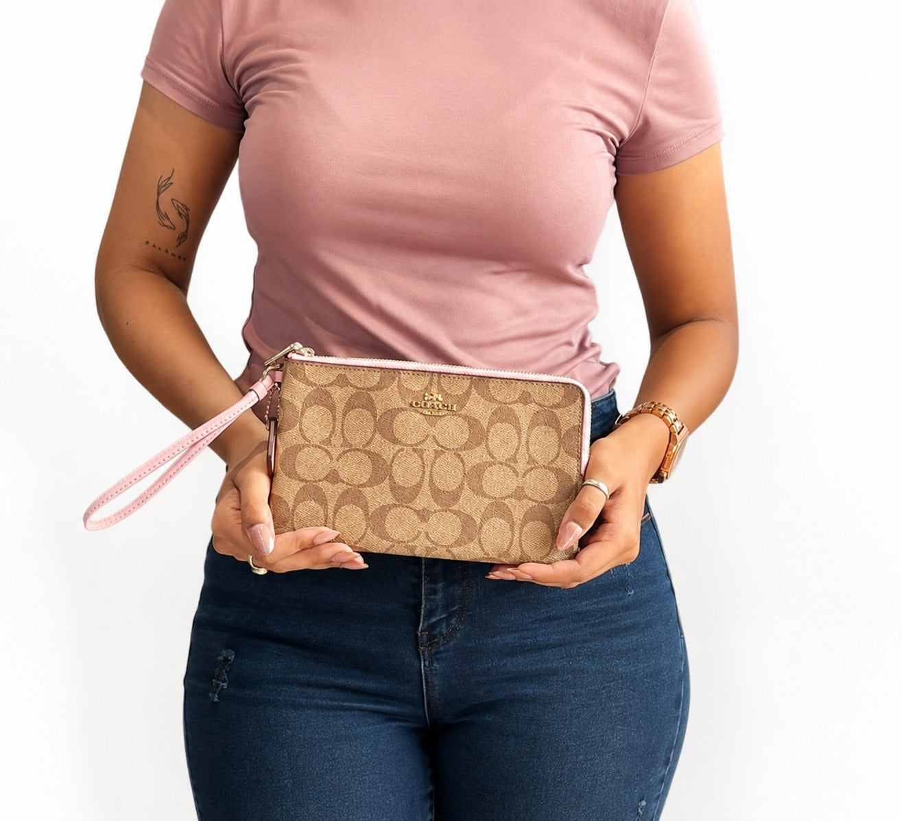 Khaki/Pink Signature Canvas Double Zip Wristlet