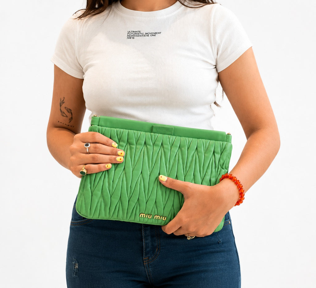 Green Matelassé Nappa Leather Frame Clutch Bag