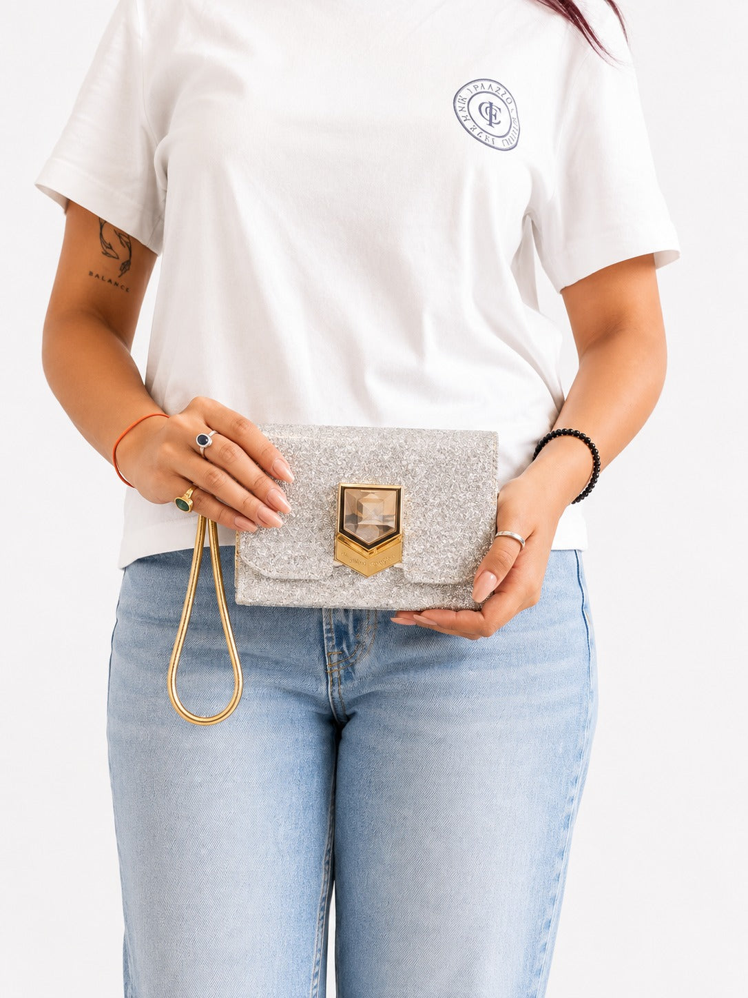 Silver Glitter Lockett Minaudière Clutch