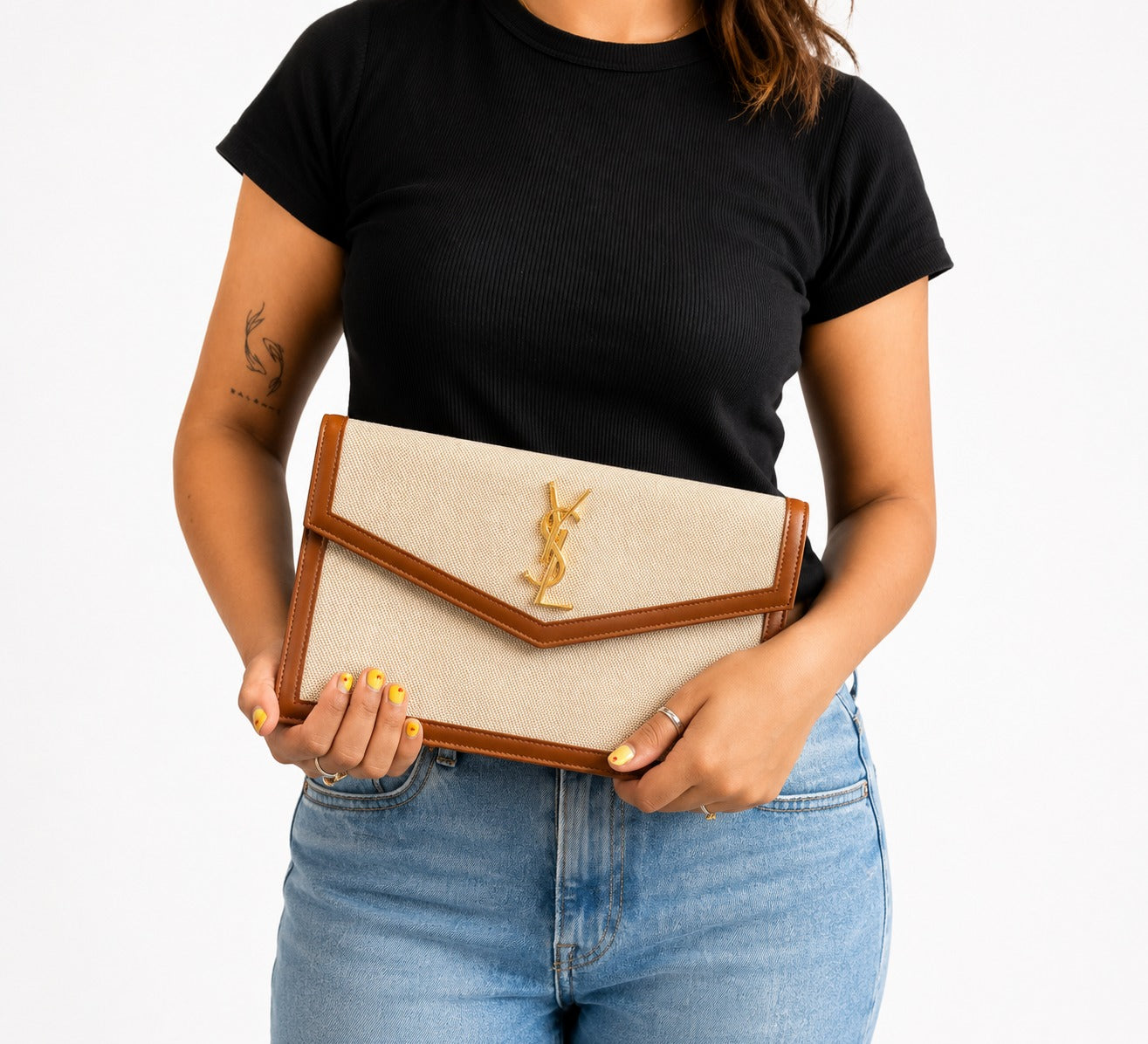 Beige/Tan Canvas & Leather Medium Uptown Clutch