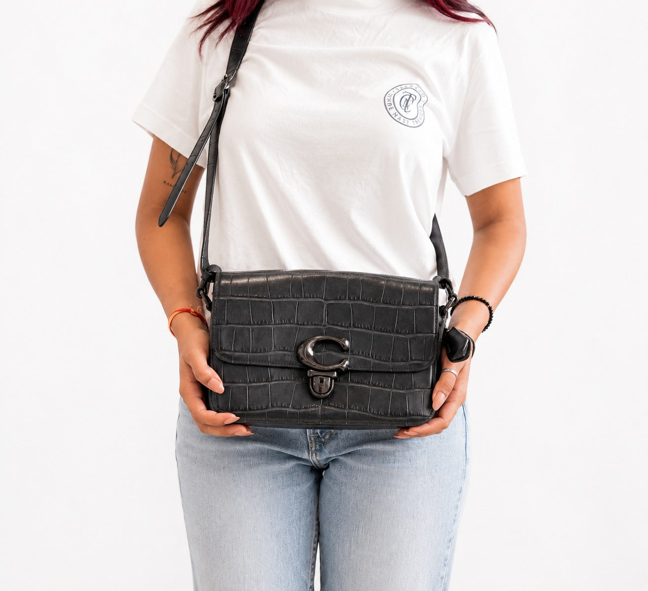Croc-Embossed Studio Shoulder Bag