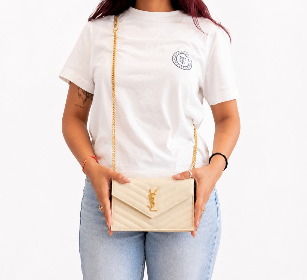 Cream Soft Cassandre Envelope Chain Wallet