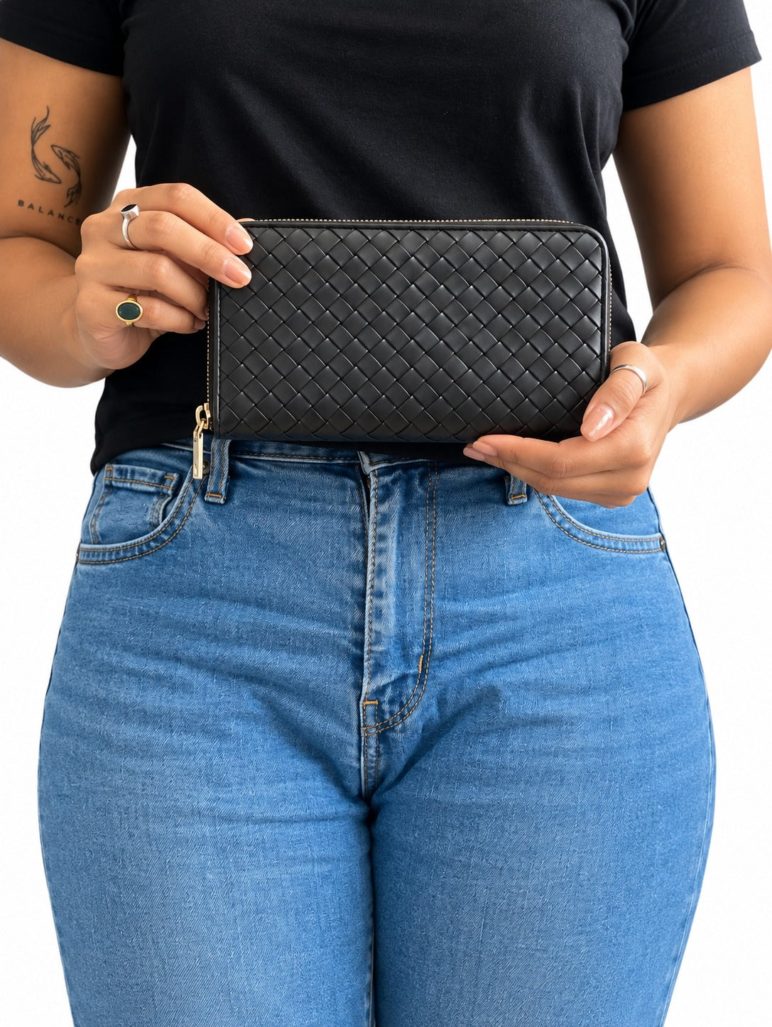 Bottega Veneta  Black Intrecciato Zip-Around Wallet