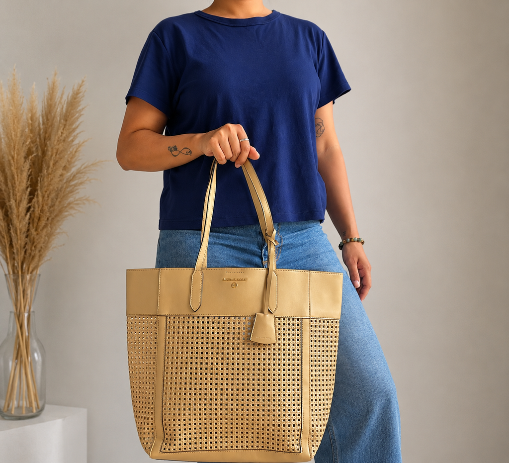Sinclair Large Perforated Metallic Leather Tote Bag