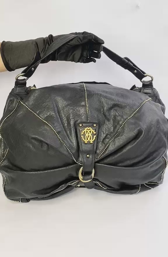 Black Ruched Leather RC Logo Hobo Bag