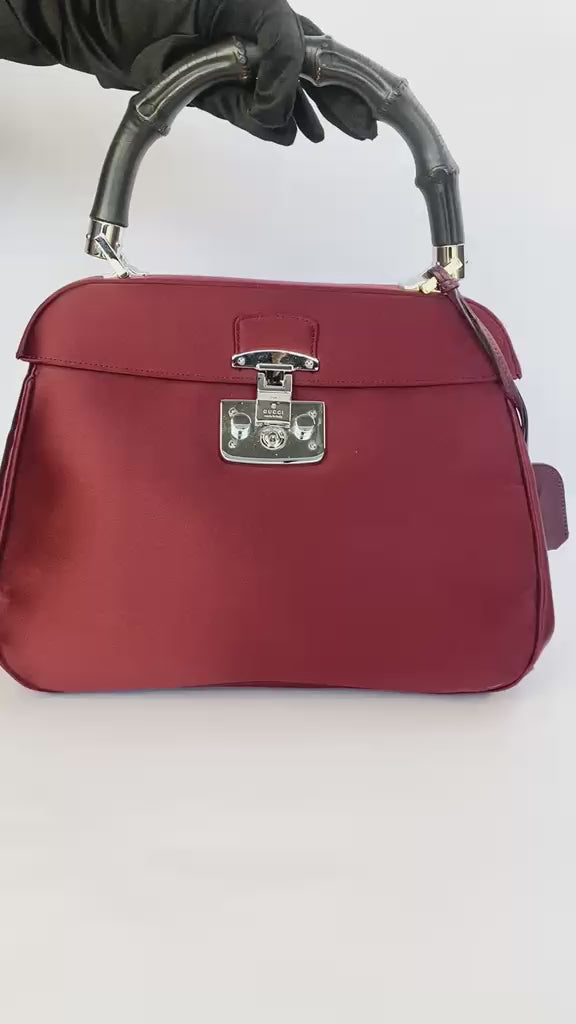 Maroon Satin Lady Lock Bamboo Top Handle Bag