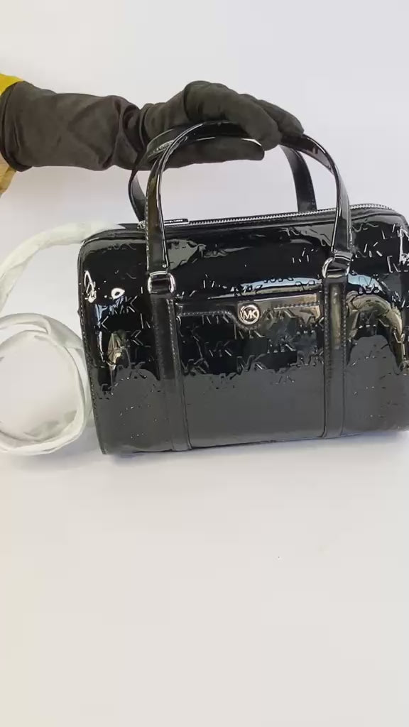 Jet Set Medium Black Patent Logo Debossed Duffel Satchel
