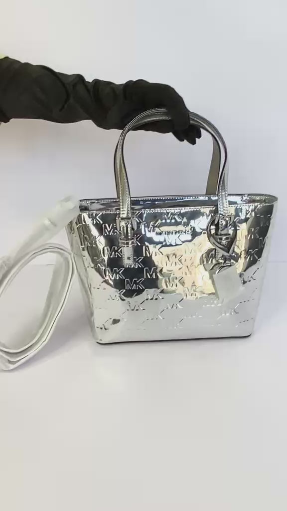 Jet Set Medium Silver Patent Logo Debossed Tote
