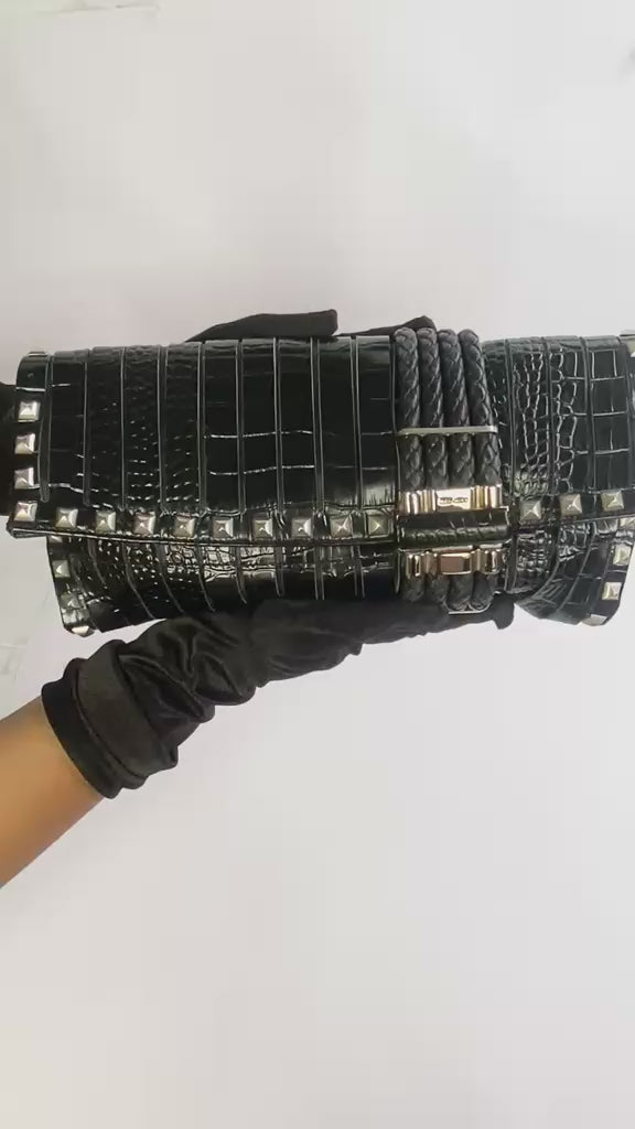 Black Croc-Embossed Leather Studded Chandra Clutch